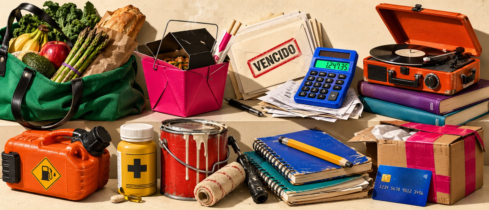 Bodegón con objetos que representan categorías de un estado de cuenta: despensa, comida a domicilio, gasolina, una calculadora sobre recibos, libros y un tocadiscos, vitaminas, pintura, cuadernos, un paquete y un sobre sellado como VENCIDO.
